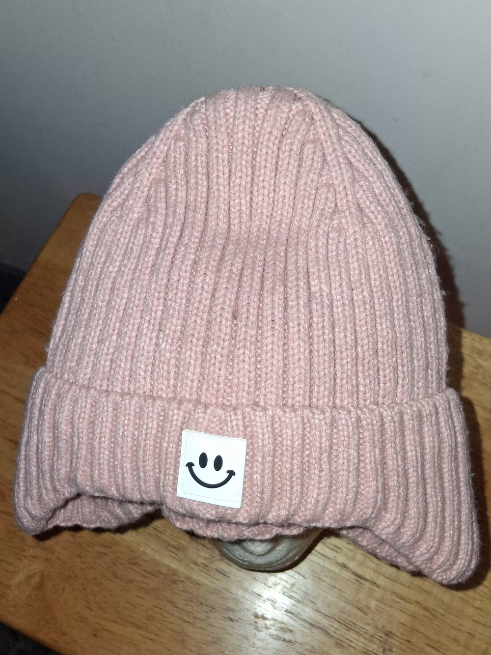 Children's Ribbed Smiley Cuff Beanie - Pink